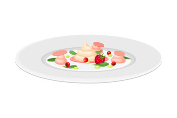 Obraz na płótnie Canvas Haute Cuisine or Grande Cuisine with Meticulous Dessert with Berries Preparation and Serving on Plate Side View Vector Illustration