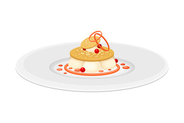 Haute Cuisine or Grande Cuisine with Meticulous Dessert with Berries Preparation and Serving on Plate Side View Vector Illustration.