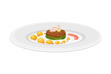Grande Cuisine with Meticulous Food Preparation and Serving on Plate with Fancy Garnish Vector Illustration