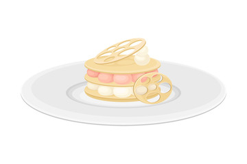 Haute Cuisine or Grande Cuisine with Meticulous Dessert Preparation and Serving on Plate Side View Vector Illustration
