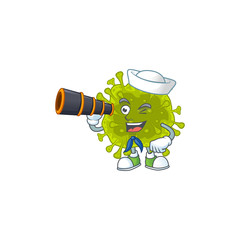 Fototapeta na wymiar Coronavirus spread in Sailor cartoon character design with binocular