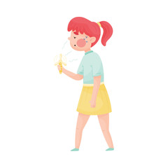 Red-haired Girl Using Fan Because of Hot Weather Vector Illustration