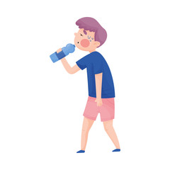 Boy in T-shirt Drinking Cool Water from Bottle Because of Hot Weather Vector Illustration