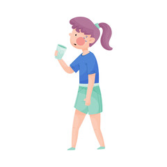 Young Girl Holding Glass of Cool Water and Drinking Vector Illustration