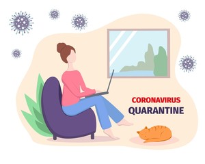 Coronavirus quarantin concept. Work from home to prevent COVID-19. Stay home. Pandemic of coronavirus. Isolated vector illustration. Stock illustration.