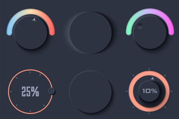 Neumorphic UI circle Dark color set. Workflow graphic elements in Skeuomorph Trend Design. Circular Elements for smart technology and applications. Editable Vector illustration.