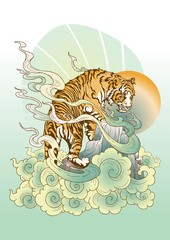 Tiger Climbing on hill and cloud design with Chinese or Japanese painting illustration oriental style with green pastel tone vector background 