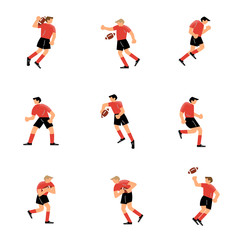 Fototapeta na wymiar Set of rugby team player characters in different action poses. Vector illustration in flat cartoon style.