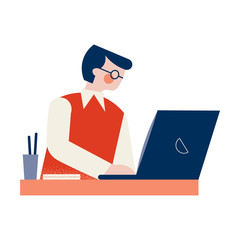 A black-haired man in glasses sitting on a table with a notebook. Vector illustration isolated on white background