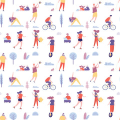 Seamless pattern with active people spending time in the park. Various characters outdoor.