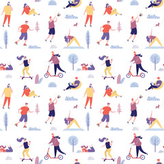 Seamless pattern with active people spending time in the park. Various characters outdoor.