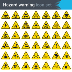 Hazard warning signs. Set of signs warning about danger. 42 high quality hazard symbols and elements. Danger icons. Vector illustration. - obrazy, fototapety, plakaty