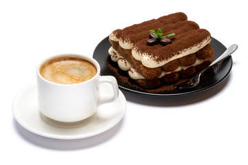 Classic tiramisu dessert on ceramic plate and cup of coffee isolated on white background with clipping path
