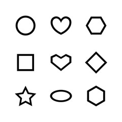 art line geometry shape with circle, heart, oval, ellipse, star, square and diamond trapezoid shape isolated on white, simple bullet sign, black simple shape for decoration, icon line frame geometry