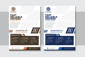Abstract vertical flyer about logistics business. diagonal space for photo collage and discount element. blue and brown flat colors with white background. Minimalist Trend, layout A4 size,