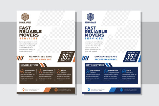 Abstract vertical flyer about logistics business. diagonal space for photo collage and discount element. blue and brown flat colors with white background. Minimalist Trend, layout A4 size,