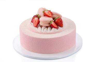 Strawberry mousse cake on white background isolated