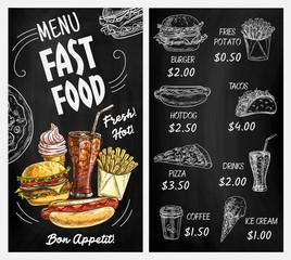 Fototapeta Fast food restaurant blackboard menu with chalk sketches of burgers and drinks. Hamburger, hot dog, pizza and french fries, cheeseburger, soda and coffee, ice cream and tacos, chalkboard menu design obraz