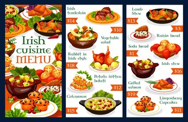 Irish restaurant menu template. Vector dishes of vegetable meat stews, potato pancakes, grilled salmon fish and cabbage salad, soda bread, beef, rabbit and lamb, lingonberry cupcakes and colcannon