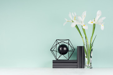 Light spring school workplace with black decorative model of atom, books, fresh white iris in vase on green mint menthe wall and white wood desk, copy space.