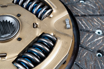 Car repair kit clutch manual gearbox background. Car and truck clutch disk. Sport clutch. Composite...
