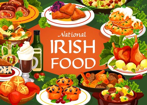Irish cuisine food vector meal of meat, vegetable and fish with bread. Potato pancakes, irish stews with beef, lamb and rabbit, soda bread and berry cupcake, salmon with cabbage salad and colcannon