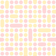 circles and rectangles with rounded corners. pink and yellow geometric shapes on transparent background. vector seamless pattern. repetitive textile design element. fabric swatch. wrapping paper