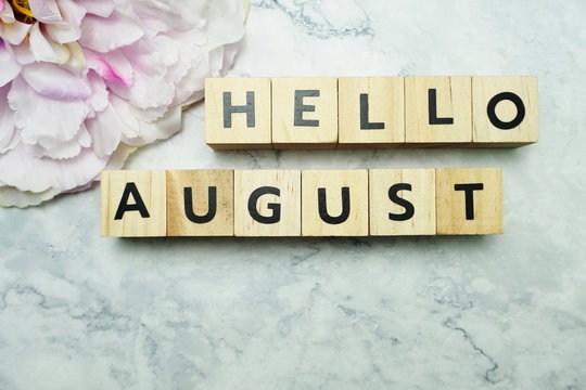 Hello August alphabet letters with pink flower decoration on marble background