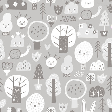 Baby forest seamless pattern. Design for fabric, textile print, wrapping paper, children textile. Vector monochrome illustration.