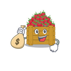 Smiley rich strawberry fruit box cartoon character bring money bags