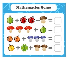 Math game with ladybirds, mushrooms, clover leaves for children, easy level, education game for kids, preschool worksheet activity, task for the development of logical thinking. Counting equations. Ma