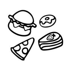 Junk food. Hand-drawn icons pizza burger cake and doughnut. Hand Drawn doodle elements.
