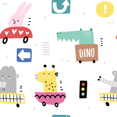 Childish pattern with cute animals in cars. Great background for fabrics and textiles, nursery wallpaper. Vector Illustration.