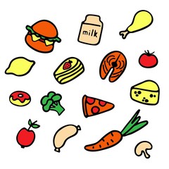 A hand-drawn set of food and dishes. Doodle collection of meal.