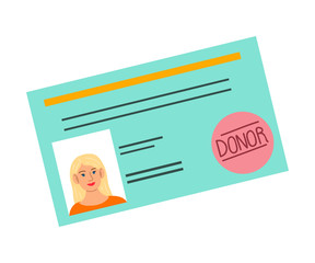 Colorful donor id card document of light-haired woman. Vector illustration in flat cartoon style.