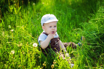A small boy with light hair in a cap and blue shirt and brown overalls in the summer in a field of flowers explores nature. Sun.