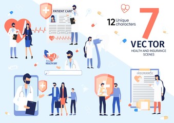 Fototapeta na wymiar Family Doctor, Dentist, Cardiologist, Clinic Patients Characters, Work Scenes, Situations Set. Healthcare Insurance, Health Day Holiday, Online Medical Service Concept Trendy Flat Vector Illustrations