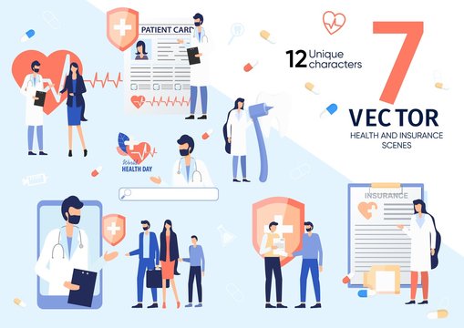 Family Doctor, Dentist, Cardiologist, Clinic Patients Characters, Work Scenes, Situations Set. Healthcare Insurance, Health Day Holiday, Online Medical Service Concept Trendy Flat Vector Illustrations