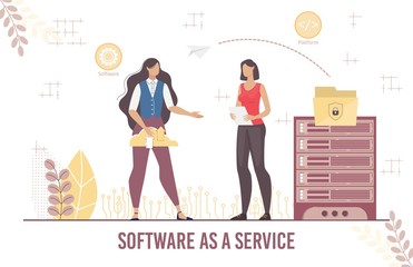 Software as Service Platform Infrastructure for Business Control. Secure Cloud Data Storage. Businesswoman Download Information via Internet. Wireless Connection. Smart Technology. Vector Illustration