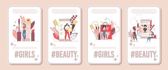 Fashion and Style Video Content Maker, Woman Vlogger, Beauty Channel Streamer Vertical Banner, Poster Set. Ladies Recording Video, Streaming Online, Interacting with Audience Flat Vector Illustration