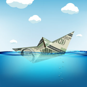 Paper boat made from dollar currency sinking in water