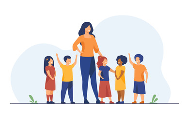 Group of pupils with female school teacher. Diverse children standing by young woman. Vector illustration for pedagogy, kindergarten, education concept