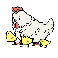 Hen and three chicken. Vector illustration in cartoon style. Isolated on a white background.