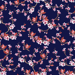 Blossoming branches of Japanese cherry pattern on dark blue background. Watercolor seamless. Ideal for packaging, scrapbooking, party design, invitations, congratulations