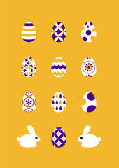 Easter eggs, colourful with different patterns and two white bunnies on a yellow background. Vector illustration, an Easter card, 3 colours.