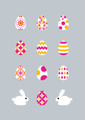 Easter eggs, colourful with different patterns and two white bunnies on a grey background. Vector illustration, an Easter card. 