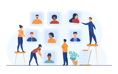 Employers choosing candidates for job interview. HR professionals analyzing applicant or employee profiles. Vector illustration for recruit agency, career, business, employment concept