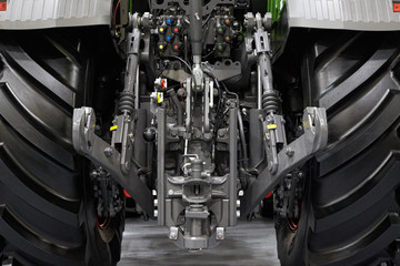 Rear view of hydraulic control system for connecting attachments on a tractor