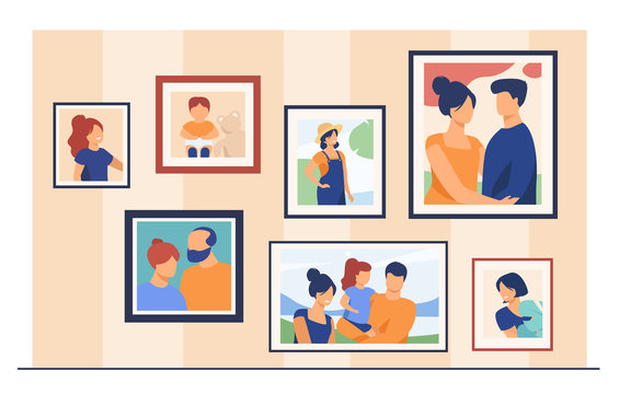 Family portrait pictures in frames on wall. Happy parents and kids framed photos in home interior. Vector illustration for home decoration, photography, generation concept