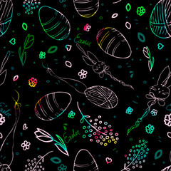 Seamless pattern. Vector illustration with easter eggs on  black backgrounds. Endless repeating textures for banners, fabric, greetings, packaging, printing on paper, wallpapers, etc.
